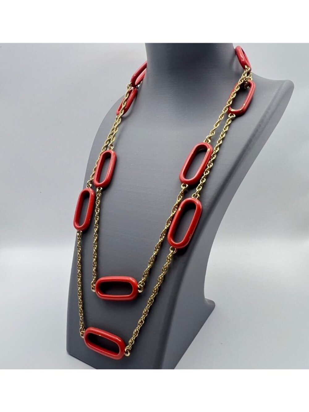 J Crew 45" Necklace Red Enamel Station Gold-Tone Signed Layering Rope LOOK READ